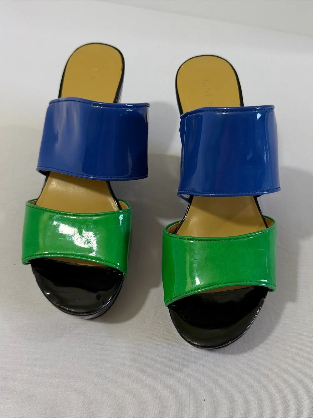 💙💚Nine West Colorblock Patent Platform Wedge Slide Sandals Blue Green Black| sz9
